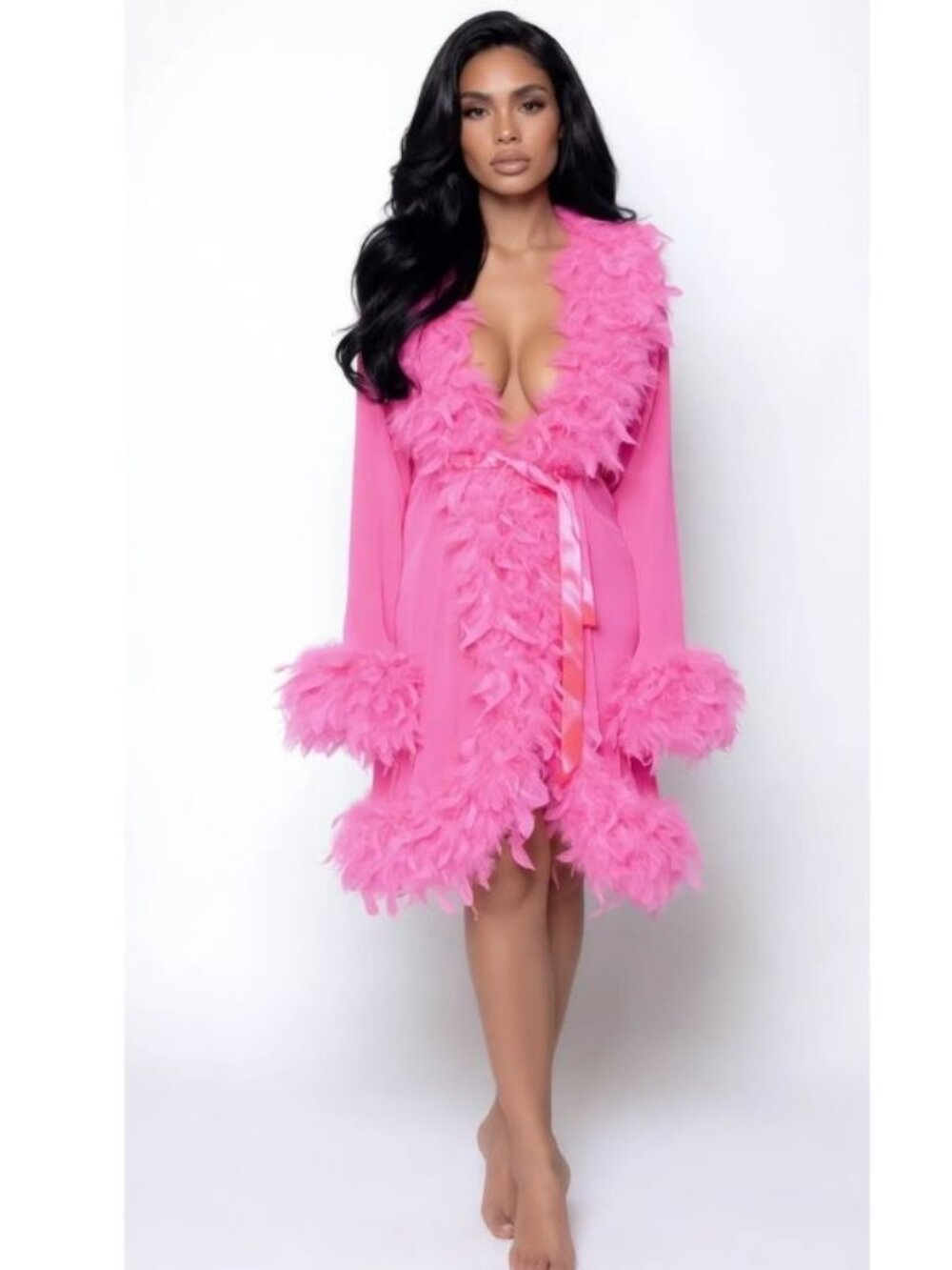 Be Wicked BW834S Cotton Pink Sheer Feather Trim Robe with Satin Tie